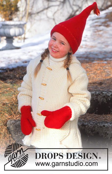 Elf Warmers / DROPS Children 12-23 - Strikket jakke til børn i DROPS Snow. Arbejdet strikkes med hætte og lommer  i glatstrik og retstrik og kvaste. Størrelse 3 - 14 år.