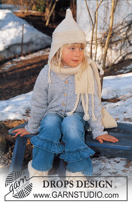 DROPS Children 12-30 - Rozpinany sweter, czapka, szalik i kapcie na drutach DROPS