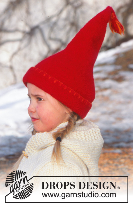 Elf Warmers Gloves / DROPS Children 12-51 - Filtet sæt med hue og vanter i DROPS Alaska. Arbejdet strikkes og filtes og kant sys på. Størrelse 3-14 år. Tema Nissehue Jul
