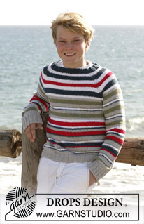 Seashore Stripes / DROPS Children 15-14 - Knitted jumper with stripes and raglan in DROPS Paris. Size children 5 to 14 years.