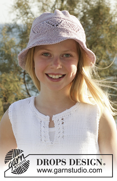 Kaia / DROPS Children 15-6 - Top i kapelusz na drutach ściegiem ażurowym, z włóczek DROPS Muskat i DROPS Belle. Rozmiary dziecięce od 5 do 14 lat.
