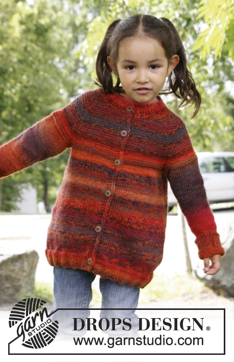 Firefly / DROPS Children 22-14 - Raglánový propínací svetr - kabátek pletený z dvojité příze DROPS Delight. Velikosti pro děti od 3 do 12 let.  