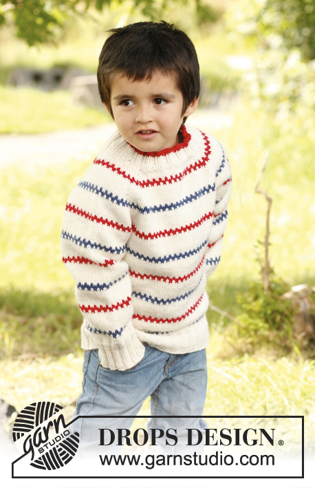 Tommy / DROPS Children 22-2 - Raglánový pulovr s pruhy pletený shora dolů z příze DROPS Nepal. Velikosti pro děti od 3 do 12 let.  