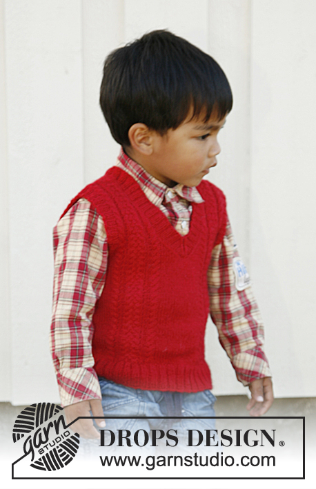 Justus / DROPS Children 22-32 - Knitted DROPS vest / slipover with v-neck and cables in ”Alpaca”. Size 3 - 12 years.
