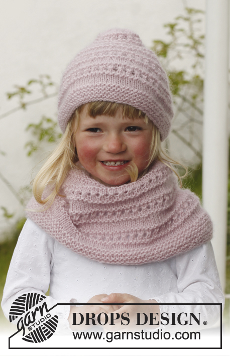 Mini Me / DROPS Children 23-11 - Knitted hat and neck warmer with lace pattern in DROPS Alpaca and DROPS Kid-Silk. Size children 3 to 12 years.

