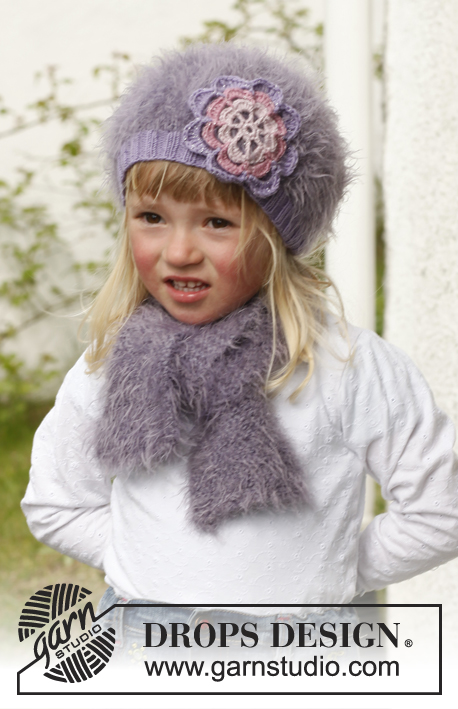 Michelle / DROPS Children 23-12 - Knitted beret with crochet flower and scarf in garter st, in DROPS Symphony and DROPS BabyMerino. Size children 3 to 12 years.