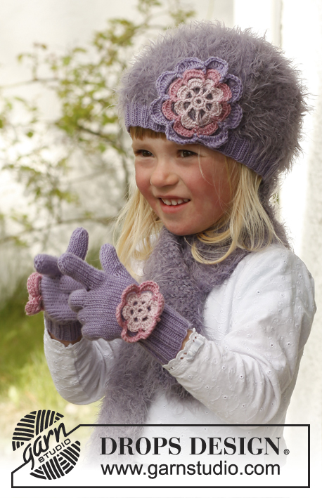 Michelle / DROPS Children 23-12 - Knitted beret with crochet flower and scarf in garter st, in DROPS Symphony and DROPS BabyMerino. Size children 3 to 12 years.