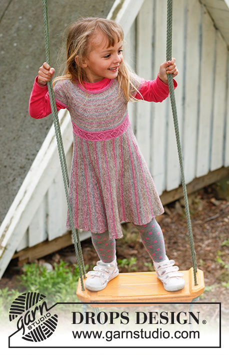 Twirly Girlie / DROPS Children 23-2 - Kjole strikket fra side til side med forkortede pinde i retstrik og rundt bærestykke i DROPS Fabel til børn str 3 til 12 år