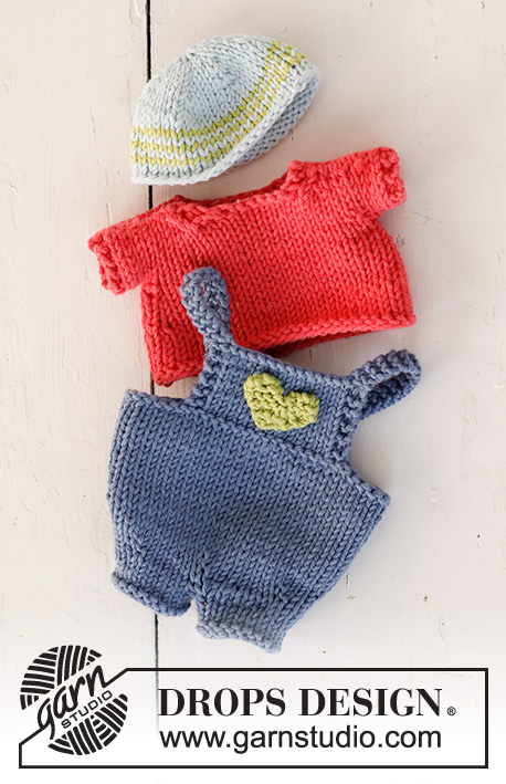 Malcolm / DROPS Children 23-24 - Knitted doll with overall and beanie in DROPS Paris.
