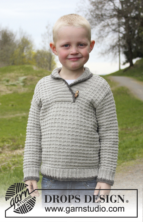 Jonathan / DROPS Children 23-28 - Knitted jumper with textured pattern and shawl collar in DROPS Nepal. Size children 3 to 12 years.