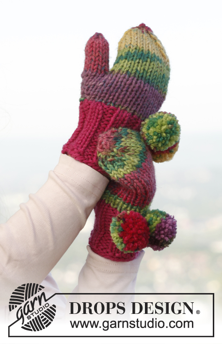 Tuttifrutti / DROPS Children 23-39 - Knitted mittens with pompoms for children, in 1 thread DROPS Big Fabel or 2 threads DROPS Fabel.