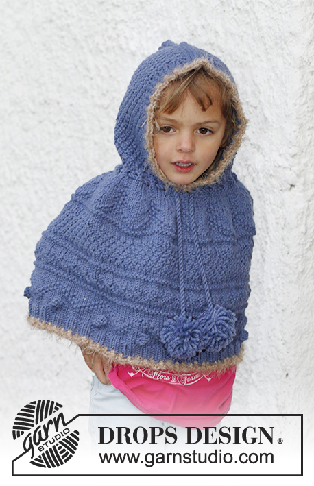 Hermione / DROPS Children 23-47 - Knitted poncho with textured pattern, hood and pompoms in DROPS Nepal. Size children 3 to 12 years.