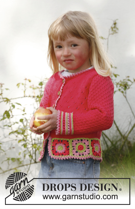 Sweet berry cardigan / DROPS Children 23-50 - Strikket jakke med heklede bestemorsruter i DROPS Safran til barn i størrelse 3 til 12 år