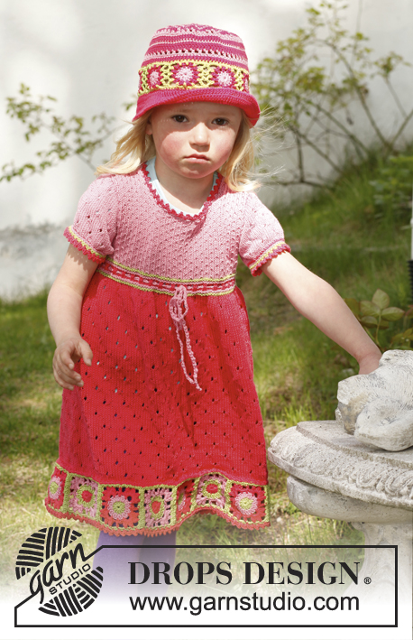 Sweet berry cardigan / DROPS Children 23-50 - Strikket jakke med heklede bestemorsruter i DROPS Safran til barn i størrelse 3 til 12 år