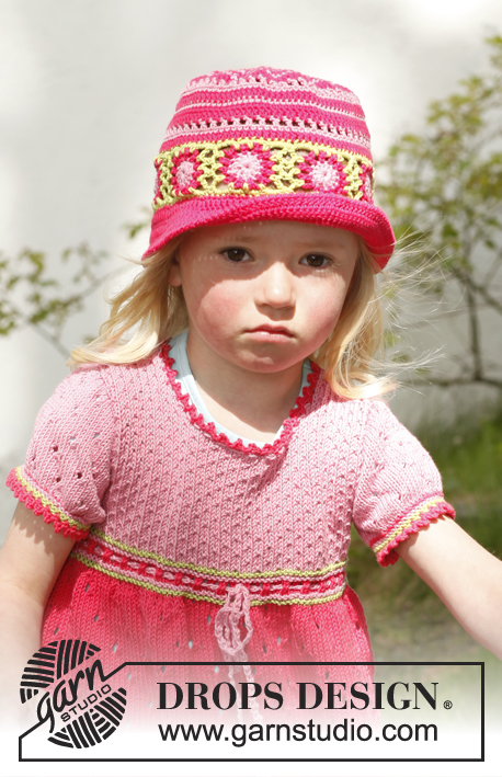 Sweet berry cardigan / DROPS Children 23-50 - Propínací svetr s háčkovanými čtverci pletený z příze DROPS Safran. Velikosti pro děti od 3 do 12 let
