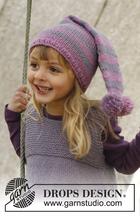 Tuva / DROPS Children 23-6 - Bonnet tricoté en DROPS Karisma avec rayures et pompon. Taille enfant.
