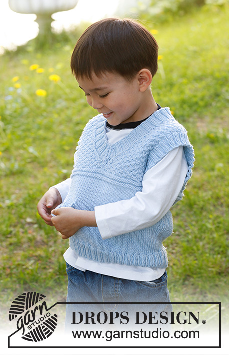 Paul / DROPS Children 23-8 - Knitted vest / slipover with V-neck and double moss st in DROPS Lima. Size children 3 to 12 years.