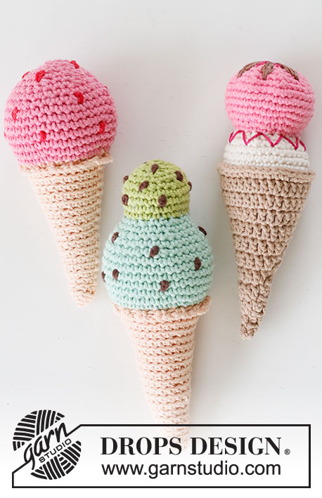 Double Scoop! / DROPS Children 24-3 - Ice cream cone crocheted in DROPS Paris with topping in DROPS Cotton Viscose