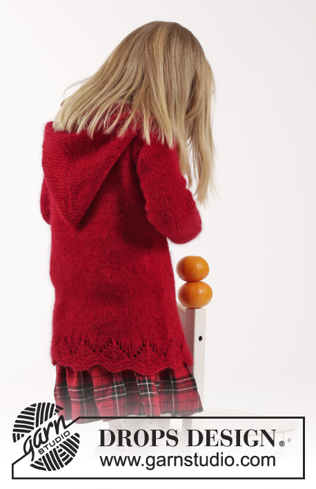 Bright Sally / DROPS Children 26-13 - Casaco tricotado com torcidos, ponto rendado e capuz em DROPS Alpaca e DROPS Kid-Silk”. Tamanhos 2 - 12 anos