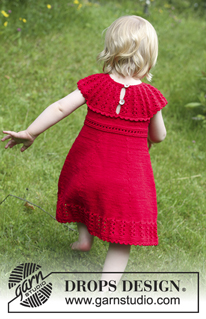 Little Hedda / DROPS Children 26-14 - Souprava: dětské pletené šaty s ažurovým lemem a kruhovým sedlem a mašle do vlasů pletená vroubkovým vzorem z příze DROPS Cotton Merino. Velikost: 1 měsíc – 6 let.