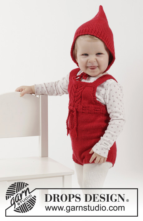 Petit Lutin / DROPS Children 26-17 - Set of knitted baby jumpsuit, socks and bonnet / Santa hat in DROPS Cotton Merino. Size 1-18 months