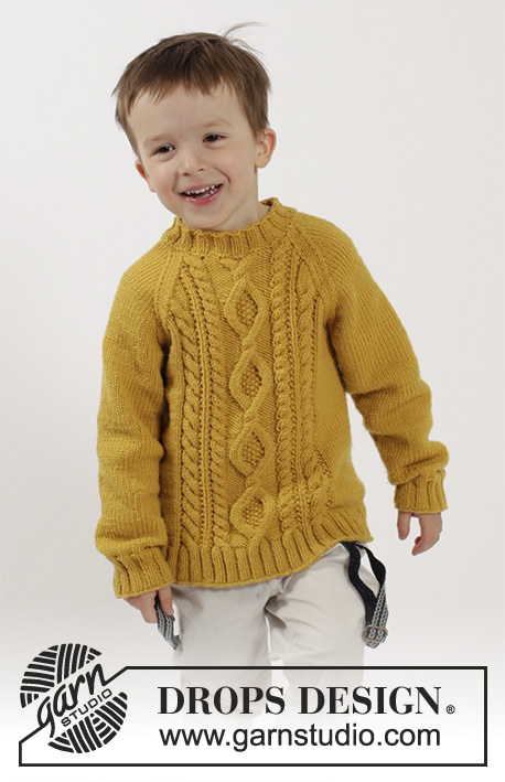 Lucky Jack / DROPS Children 26-3 - Gebreide trui met raglan en kabels in DROPS Merino Extra Fine. Maat kinderen 2 - 10 jaar.