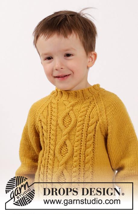 Lucky Jack / DROPS Children 26-3 - Gebreide trui met raglan en kabels in DROPS Merino Extra Fine. Maat kinderen 2 - 10 jaar.