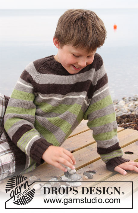 Sticks and Stones / DROPS Children 27-18 - Pull tricoté de haut en bas, avec rayures et emmanchures raglan,  en  DROPS Merino Extra Fine. Pour enfant, du 3 au 14 ans.