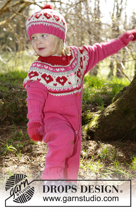 Warmhearted / DROPS Children 27-2 - Macacão tricotado de cima para baixo com motivo nórdico e encaixe arredondado em DROPS Merino Extra Fine. Tamanhos 1 - 6 anos