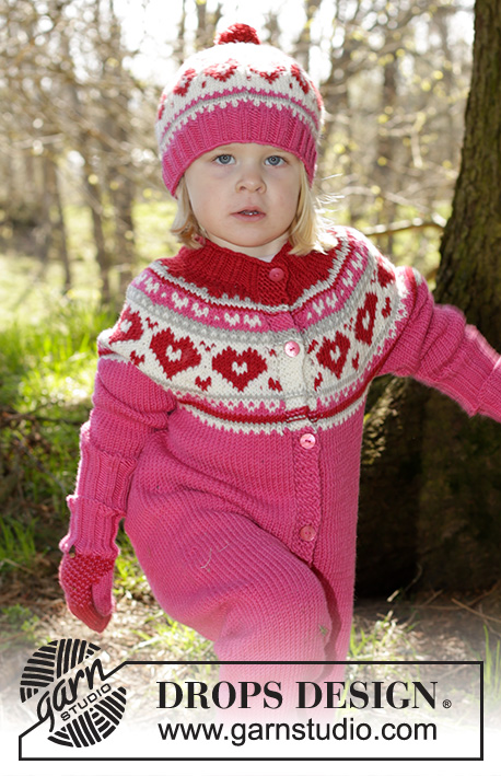 Warmhearted / DROPS Children 27-2 - Macacão tricotado de cima para baixo com motivo nórdico e encaixe arredondado em DROPS Merino Extra Fine. Tamanhos 1 - 6 anos