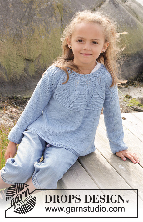 Sweet Bay / DROPS Children 27-23 - Knitted jumper in garter st with leaf pattern and round yoke, worked top down in DROPS Belle. Size children 3 - 14 years