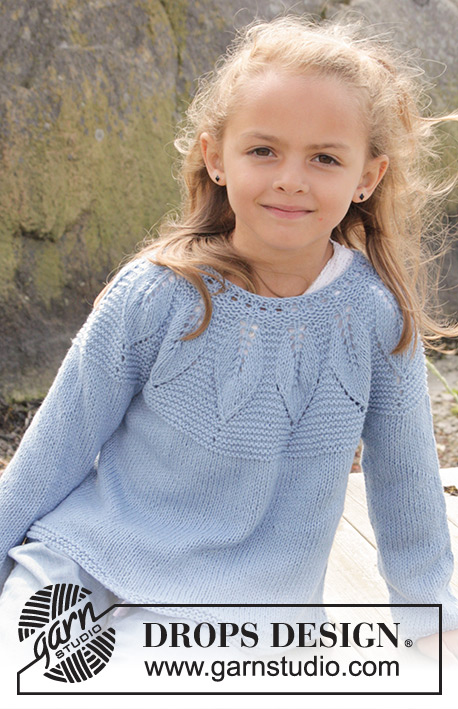 Sweet Bay / DROPS Children 27-23 - Knitted jumper in garter st with leaf pattern and round yoke, worked top down in DROPS Belle. Size children 3 - 14 years