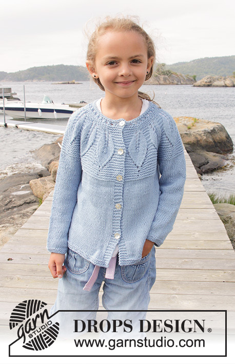 Sweet Bay Jacket / DROPS Children 27-24 - Knitted cardigan in garter st with leaf pattern and round yoke, worked top down in DROPS Belle. Size children 3 - 14 years