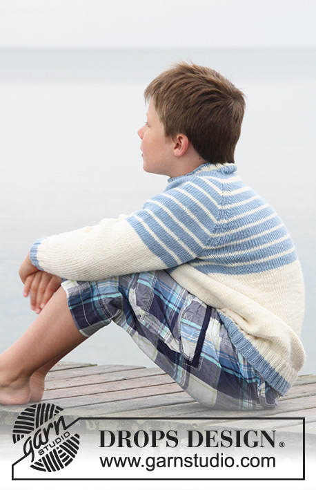 Water Stripes / DROPS Children 27-25 - Pulôver tricotado com raglan em DROPS Merino Extra Fine ou em Sky. Tamanhos 3 - 14 anos