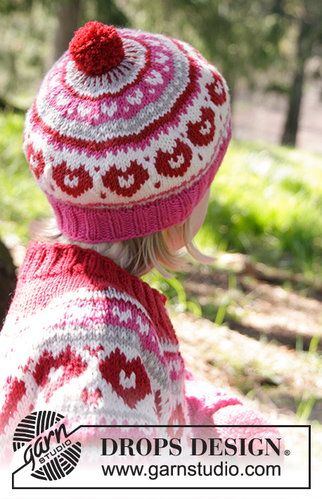 Warmhearted Hat / DROPS Children 27-4 - Knitted hat with multi-coloured pattern and pompom in DROPS Merino Extra Fine. Size children 1 - 6 years.
