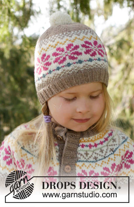 Prairie Fairy Hat / DROPS Children 27-6 - Strikket hue med nordisk mønster og pompon i DROPS Lima til børn str 3 - 12 år