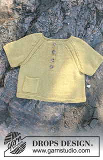 Lucky Ducky / DROPS Children 28-6 - Pullover mit kurzen Ärmeln, Raglanschrägung und Tasche, gestrickt von oben nach unten in DROPS Belle. Größe 0 bis 6 Jahre.