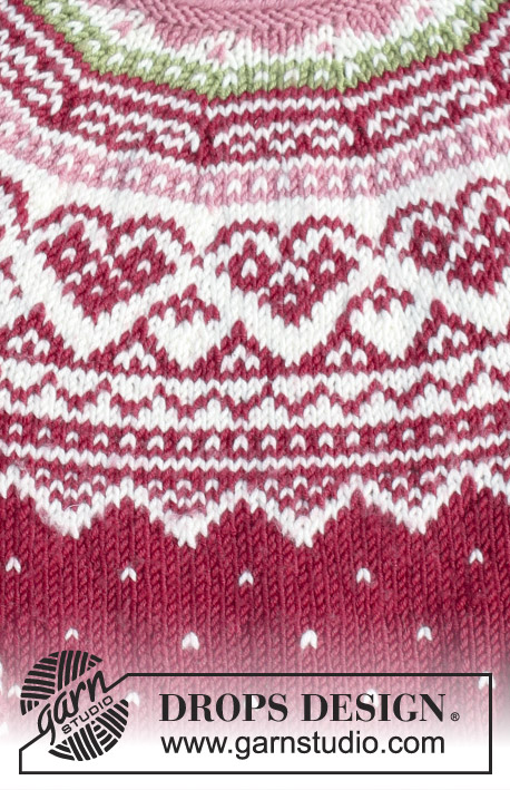 Visby Tunic / DROPS Children 30-11 - L'ensemble se compose de: Tunique au tricot pour enfant avec empiècement arrondi, jacquard norvégien et forme trapèze, tricotée de haut en bas. Bandeau au tricot avec jacquard norvégien. Du 2 au 12 ans. L’ensemble se tricote en DROPS Merino Extra Fine.
