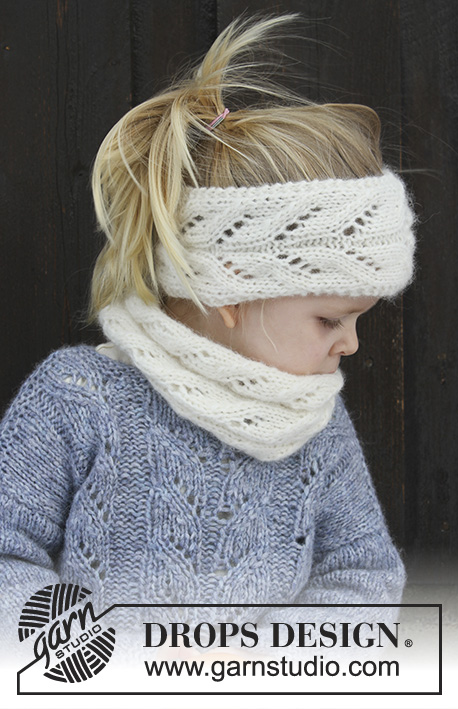 Eirlys / DROPS Children 30-19 - Set consists of: Knitted head band and neck warmer with lace pattern for kids. Size 2 - 12 years Set is knitted in DROPS Air.