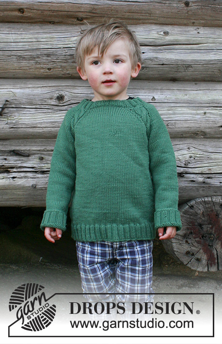 Le Petit Bûcheron / DROPS Children 30-2 - Pull au tricot pour enfant avec emmanchures raglan et torsades, tricoté de haut en bas. Du 2 au 12 ans. Se tricote en DROPS Merino Extra Fine ou DROPS Sky