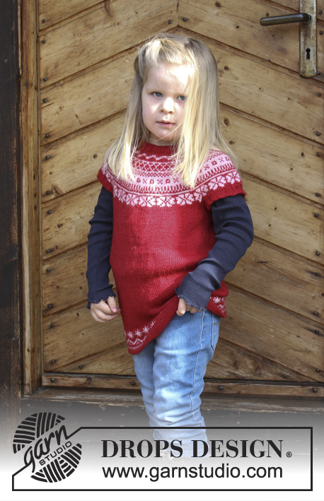 Lotta / DROPS Children 30-8 - Dětská tunika s kruhovým sedlem a norským vzorem, pletená shora dolů z příze DROPS BabyMerino. Velikost 2 - 12 let.