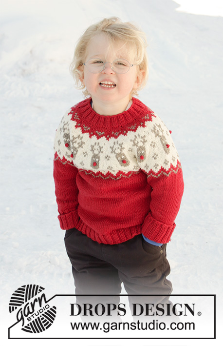 Little Red Nose / DROPS Children 32-10 - Dětský vánoční svetr / pulovr s kruhovým sedlem a norským vzorem se soby pletený shora dolů z příze DROPS Merino Extra Fine. Velikost 12 měsíců – 12 let.