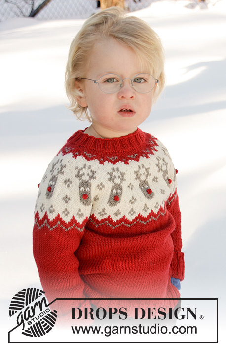 Little Red Nose / DROPS Children 32-10 - Pull de Noël tricoté de haut en bas pour bébé et enfant en DROPS Merino Extra Fine, avec empiècement arrondi et jacquard nordique. Du 12 mois au 12 ans.