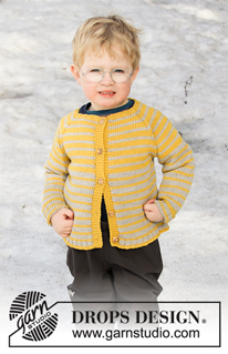 Sunny Day Stripes Jacket / DROPS Children 32-14 - Stickad kofta till barn med raglan i DROPS Merino Extra Fine eller DROPS Muskat. Arbetet är stickat uppifrån och ner med ränder. Storlek 2 – 12 år.