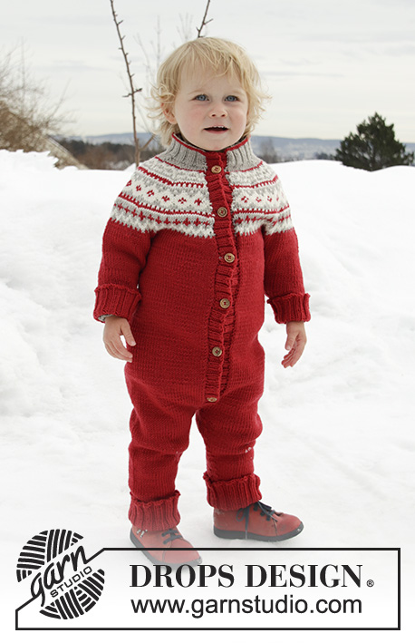 Miss Pantsy-Pants / DROPS Children 32-17 - Knitted onesie for children with round yoke in DROPS Merino Extra Fine. The piece is worked top down with Nordic pattern. Sizes 12 months – 6 years.