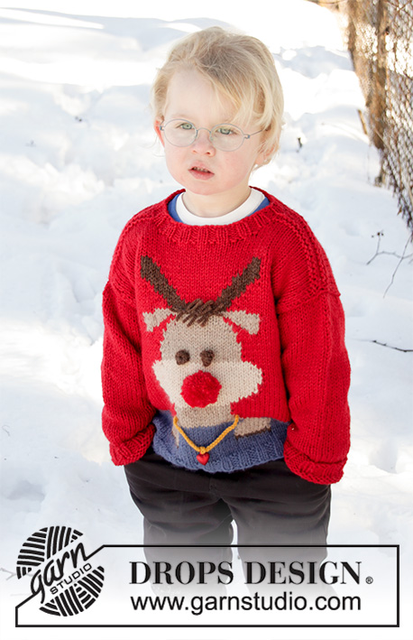 Red Nose Jumper Kids / DROPS Children 32-18 - Strikket genser / julegenser med reinsdyr til barn i DROPS Nepal. Størrelse 2 - 12 år. Tema: Jul.