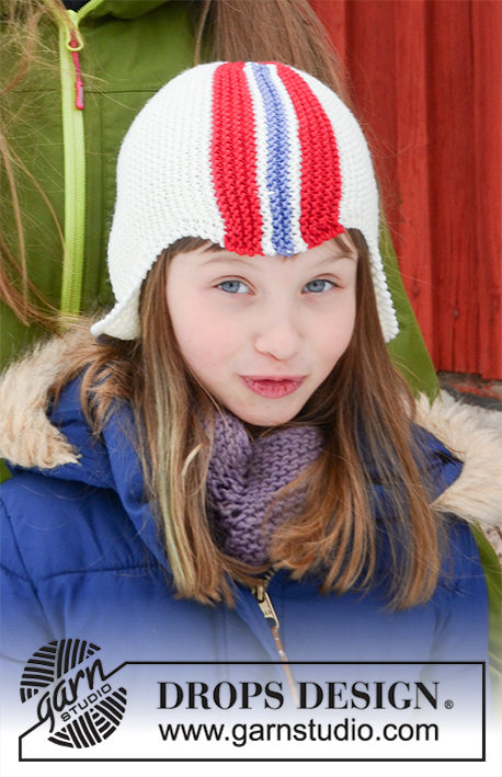 Ready to Cheer / DROPS Children 32-19 - Knitted hat with flag in DROPS Merino Extra Fine. The piece is worked sideways with garter stitch and stripes. Sizes 6 years, 10 years, M and L.