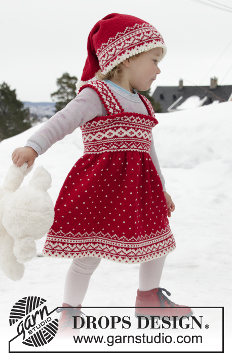 Miss Cookie / DROPS Children 32-2 - Dětské šaty/šatová sukně s norským vzorem pletené shora dolů z příze DROPS BabyMerino. Velikost 6 měsíců – 6 let.