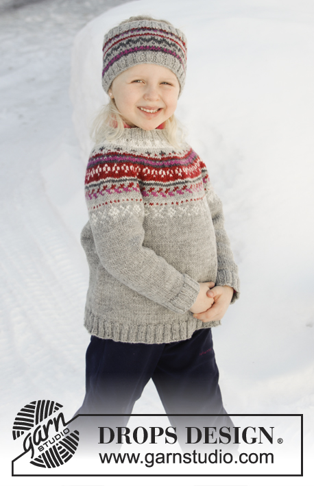 Winter Berries / DROPS Children 32-5 - DROPS Karisma lõngast ülevalt alla kootud Norra mustriga ja ümara passega laste džemper ning peapael suurustele 2-12 aastat