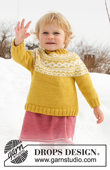 Little Missy / DROPS Children 32-7 - Strikket genser til baby og barn med rundfelling i DROPS Merino Extra Fine. Arbeidet er strikket ovenfra og ned med nordisk mønster. Størrelse 12 mnd – 12 år